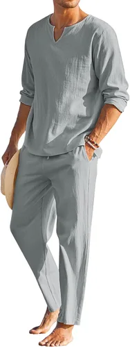 COOFANDY Conjunto de 2 piezas de algodón y lino para hombre, camisa Henley de manga larga y pantalones casuales de playa, trajes de yoga de verano