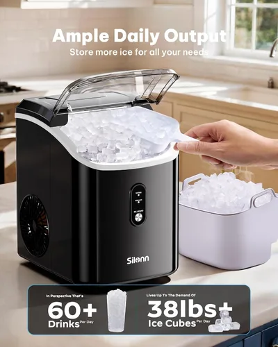 Miniatura 3 de Silonn Nugget Ice Makers - Máquina de hielo de pellets masticables de 38 libras/24 horas con función de autolimpieza, máquina de hielo portátil