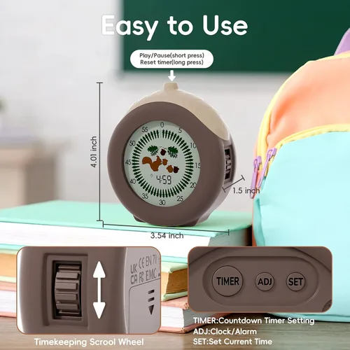 Miniatura 5 de Temporizador visual para niños, temporizador de ardilla de 299 minutos, temporizador digital con función de pausa, reloj y alarma para aula