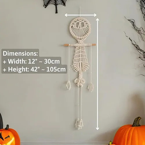 Miniatura 3 de VIVIANYO HD Tapiz bohemio de macramé para colgar en la pared, decoración de Halloween, esqueleto humano, 42 pulgadas, bonita decoración de calavera