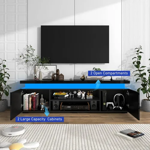 Miniatura 6 de Hlivelood Soporte de TV LED para TV de 75 pulgadas, moderno soporte de TV con toma de corriente, consola de TV de alto brillo con almacenamiento