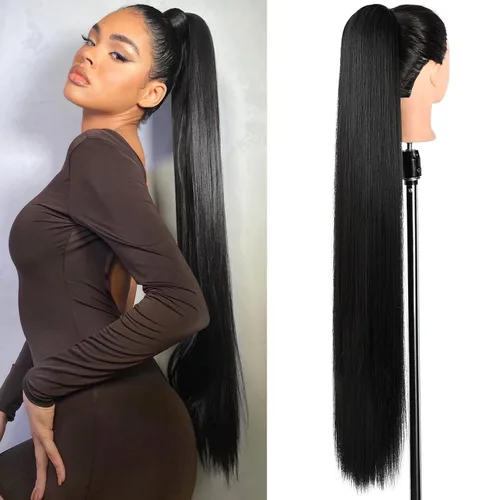Miniatura 13 de SEIKEA Extensiones de cola de caballo con cordón, larga y recta, cola de caballo falsa, natural, suave, extensiones de cabello sintético resistente