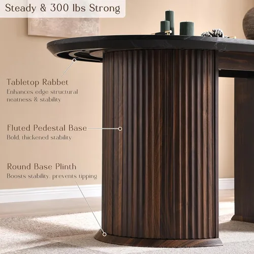 Miniatura 7 de T4TREAM Mesa de comedor ovalada acanalada de 63 pulgadas para 4-6, mesa de cocina moderna de mediados de siglo con borde grueso y base