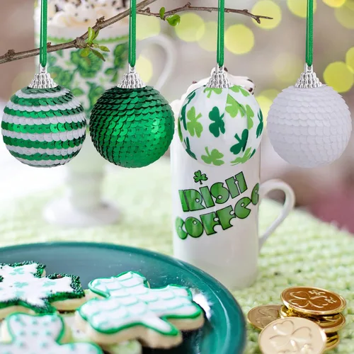 Miniatura 5 de Bolas colgantes de lentejuelas para el día de San Patricio, adorno de bola de trébol irlandés con purpurina de 1.96 pulgadas, bola colgante