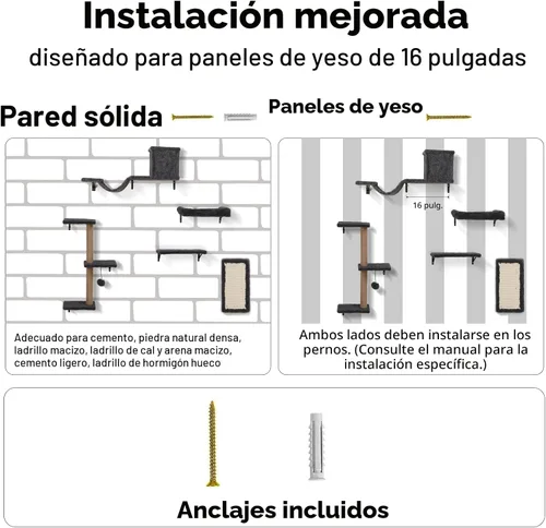 Miniatura 7 de Estantes de pared 5 en 1 para gatos de interior, muebles de gato montados en la pared con cama, cueva, poste rascador y perca, pared de escalada