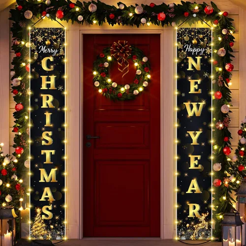 Miniatura 8 de Irenare Decoraciones de Pancarta de Navidad Iluminada con Luz LED Feliz Navidad Letrero de Porche Frontal Muñeco de Nieve Gnomo Pancarta Colgante