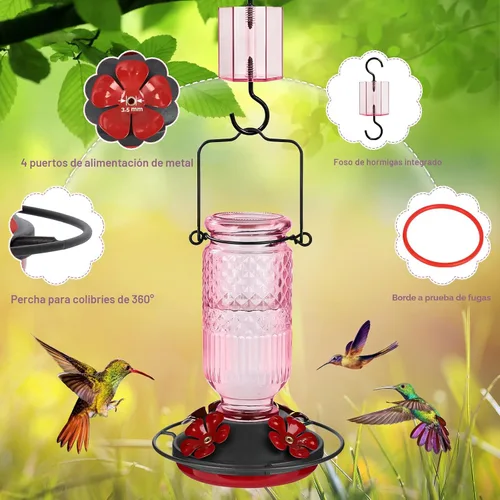 Miniatura 5 de Comederos de vidrio para colibríes FEED GARDEN para exteriores, comedero para colibríes rosa de 16 OZ con 4 puertos de alimentación con protección