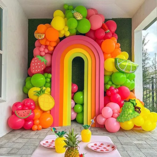 Miniatura 4 de Kit de arco de guirnalda de globos de frutas rosa, rojo, amarillo, verde, naranja, globos de aluminio con sandía, fresa, limón y naranja, globos
