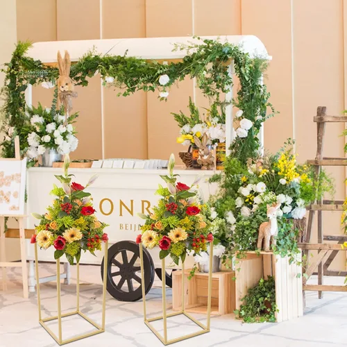 Miniatura 4 de DouSeiAi 2 piezas de soporte de flores de boda de metal para mesas, florero de plantas de flores, jarrón dorado alto, columna geométrica de flores