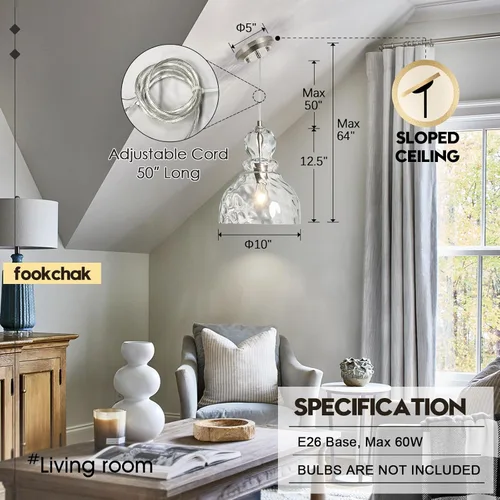 Miniatura 5 de Lámpara colgante de níquel cepillado para isla de cocina de cristal martillado, lámpara colgante de isla de 10 pulgadas, modernas luces colgantes