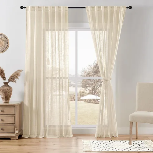Miniatura 13 de DWCN Cortinas traslúcidas de lino floral, bolsillo para barra y pestaña trasera, cortina de mezcla de lino para dormitorio, sala de estar, cortinas