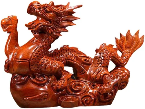 Veemoon Estatua de madera de dragón chino Fengshui, 3.9 in, mini rojo 2024 Año del Dragón, escultura tallada a mano para decoración de estantes de
