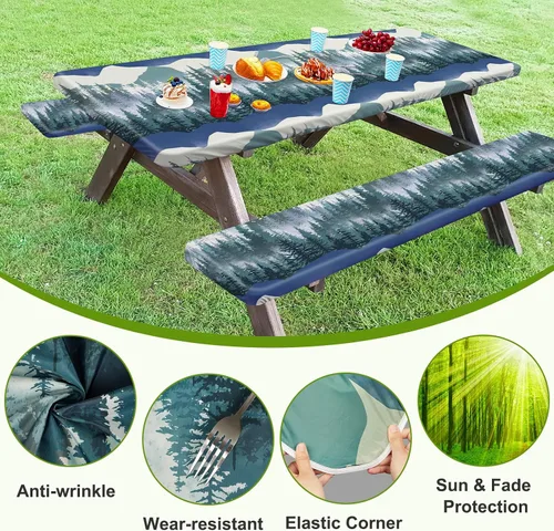 Miniatura 5 de ICOSY Mantel de picnic con fundas de banco de 30 x 72 pulgadas, resistente al viento, mantel rectangular ajustable para mesas de 6 pies, accesorios