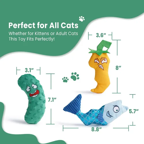 Miniatura 5 de Juego de 3 juguetes de hierba gatera – Pescado, chile y pepino, juguetes de peluche para gatos de interior, juguetes interactivos naturales rellenos