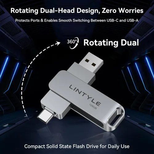 Miniatura 5 de Unidad flash externa SSD de 128 GB, hasta 450 MB/s, USB 3.2 Gen1, Dual Type-C y USB A, diseño giratorio de metal, unidad de pulgar SSD externa