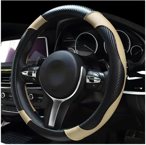 Miniatura 6 de DXNQ Funda para volante de automóvil, 15 pulgadas de fibra de carbono con costuras de piel, protector de volante de color, antideslizante, elástica