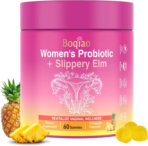 Gomitas de probióticos femeninos con olmo resbaladizo – 60 gomitas de piña para mujeres ph equilibrio, probióticos vaginales que apoyan la flora, la