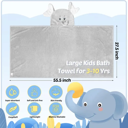 Miniatura 2 de Preboun 2 toallas de baño con capucha para niños pequeños de 27.5 x 55 pulgadas, toalla grande con capucha para niños de 3 a 10 años, bata de baño