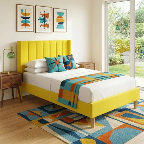Miniatura 25 de Base de cama Queen con cabecero, base de cama de plataforma con respaldo de terciopelo vertical copetudo, soporte de listones de madera, no necesita
