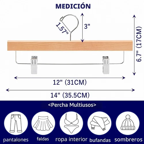 Miniatura 2 de Amber Home Paquete de 24 perchas de madera natural para pantalones con clips, perchas de madera para faldas de pantalones para jeans, pantalones