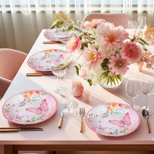 Miniatura 5 de Zopeal 60 platos de papel de mariposa primaveral a granel de 9 pulgadas con flores rosas florales desechables para tartas de postre, decorativos