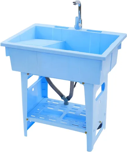 Fregadero de plástico independiente con tabla de lavar y grifo de agua fría caliente giratorio de 360 °, lavabo de lavandería para lavadero,