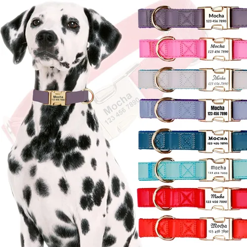 Miniatura 8 de Custom Large Dog Collar Solid Color Personalized Pet Collar Leather & Nylon Puppy Dogs ID Collars Engraved Name for Small Medium Large Dog