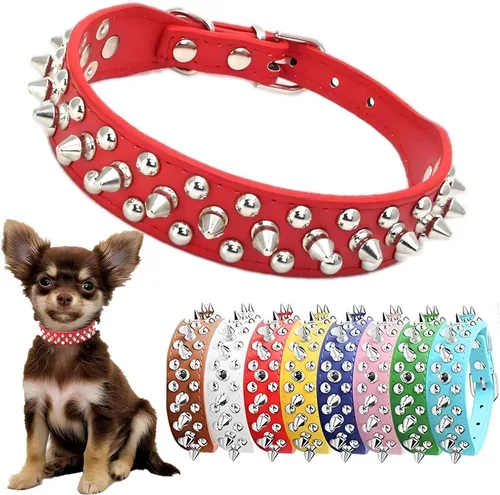 Miniatura 8 de Collar de perro con púas para perros grandes, a prueba de mordidas, collar de púas para perros y gatos, de cuero PU con tachuelas y remaches