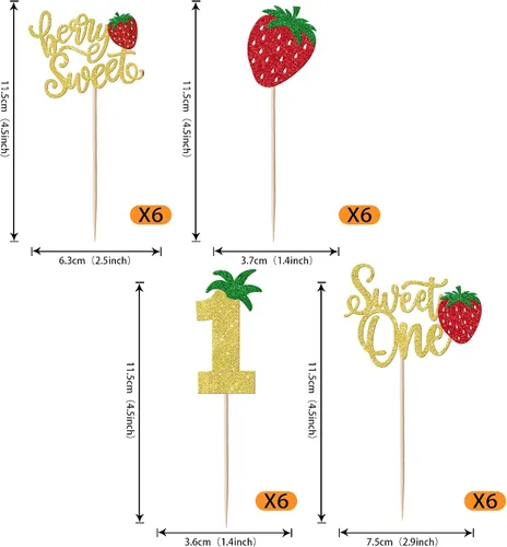 Miniatura 2 de Paquete de 24 adornos para cupcakes Sweet One con purpurina para primer cumpleaños, fresa, cupcakes, para frutas, baby shower, primer cumpleaños