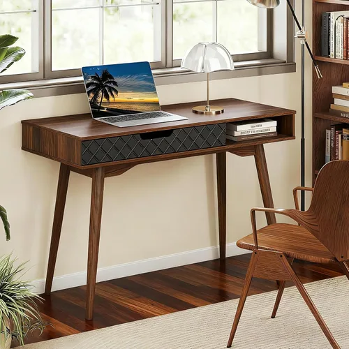 Giantex Escritorio moderno de mediados de siglo, escritorio vintage para computadora de 42.5 pulgadas con cajón de almacenamiento y patas de madera