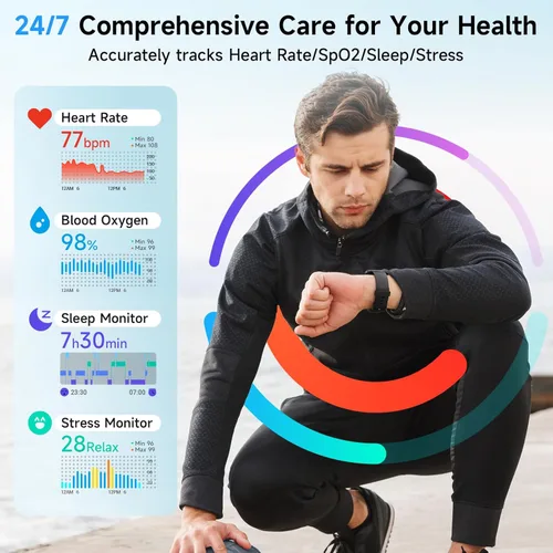 Miniatura 3 de Relojes inteligentes para hombres y mujeres, Alexa integrado, reloj inteligente de 1.8 pulgadas con frecuencia cardíaca, SpO2/sueño/estrés, Negro