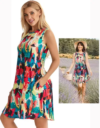 Miniatura 4 de elescat Vestidos de verano para mujer, estilo casual, sin mangas, estampado floral, holgado, con bolsillo