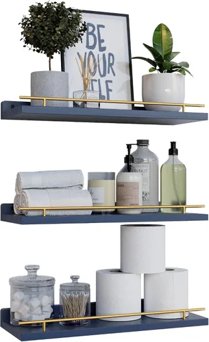 Miniatura 11 de WOPITUES Estantes flotantes con barandilla de metal negro, estantes para decoración de pared, juego de 3, estantes de pared para dormitorio, baño