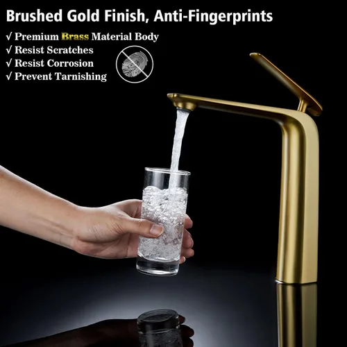 Miniatura 3 de TOCALOCA Grifos Altos de Baño Oro Cepillado, Grifo de Palanca de Una Sola Manija con Un Orificio para Lavabo de Vasija, Grifo de Lavabo de Latón