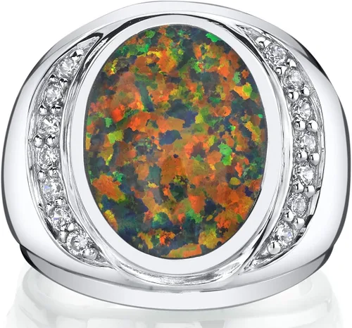 Miniatura 2 de Peora Anillo de sello de ópalo de fuego negro creado para hombre, plata de ley 925, forma ovalada, tamaño 8 a 13, Metal precioso Piedra preciosa