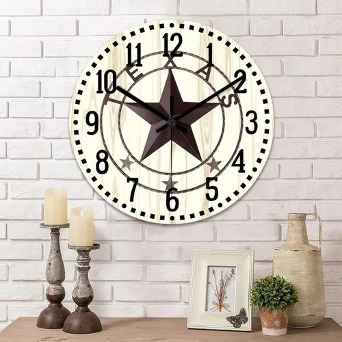 Miniatura 11 de Reloj de pared clásico de estilo rústico con estrella de Texas occidental, reloj analógico de madera silencioso sin tictac, funciona