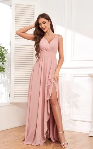 Miniatura 4 de Vestido largo de dama de honor con cuello en V y volantes, de gasa, con abertura, fruncido, acampanado, vestidos formales de noche