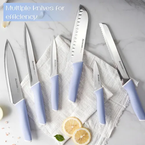 Miniatura 4 de Astercook - Juego de cuchillos de cocina con bloque y afilador de 15 piezas. Cuchillos alemanes de acero inoxidable de alta carbono con Azul