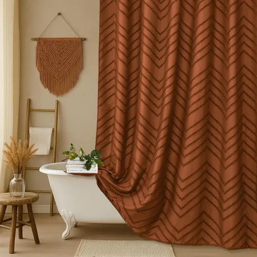Miniatura 21 de Cortina de ducha bohemia beige de 72 x 72 pulgadas, moderna cortina de ducha estilo granja, bohemio, elegante, con textura de cheurón, cortinas