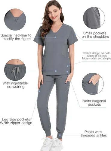 Miniatura 6 de niaahinn Conjunto de traje médico para mujer, moderno top con cuello en V y pantalones deportivos de pierna cónica con cordón de ajuste, conjunto
