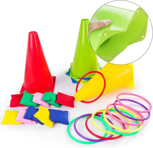 Miniatura 4 de Juego de 36 juegos de carnaval 4 en 1 para lanzar bolsas de frijoles de plástico, juego de lanzamiento de anillo de cono de plástico para interiores