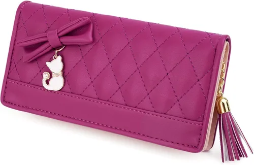 UTO Cartera de piel sintética para mujer, de gran capacidad, colgante de gato, soporte para teléfono, organizador de chequera, con cremallera,
