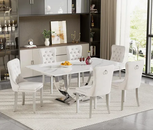 Miniatura 14 de HomVent Juego de mesa de comedor rectangular para 4, juego de mesa de cocina rectangular, juego de mesa de comedor de mármol sintético, juego
