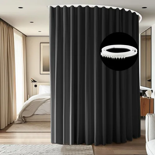Miniatura 12 de Divisor de habitación con rieles para cortinas montadas en el techo, juego extra ancho de cortinas opacas con rieles flexibles para dormitorio