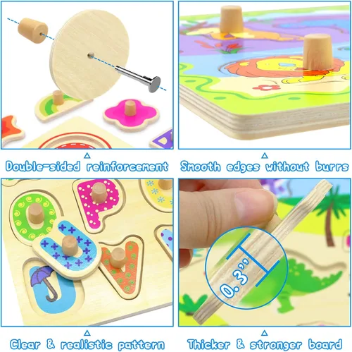 Miniatura 4 de Rompecabezas de madera para niños pequeños de 1 a 3: 6 rompecabezas del alfabeto y números con perillas y soporte de rompecabezas de alambre