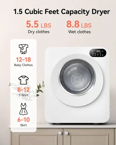 Miniatura 5 de Euhomy Secadora portátil de 1.5 pies cúbicos, secadora de ropa de 850 W con tambor de acero inoxidable, 4 funciones, panel de control LED, secadores