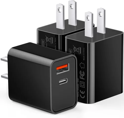 Paquete de 3 cargadores tipo C, enchufe de pared USB C de doble puerto de 20 W PD y QC3.0 USB A bloque de carga rápida para Samsung Galaxy S24