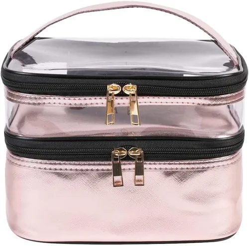 FITINI Bolsas de maquillaje de doble capa de almacenamiento de viaje estuches cosméticos organizador de maquillaje bolsas de aseo resistentes al Rosa