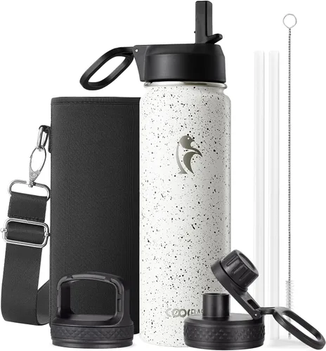 Coolflask Botella de agua de 20 onzas aislada con pajilla, 3 tapas de metal de acero inoxidable, botella de agua de boca ancha para deportes u
