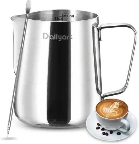 Jarra para Espumar Leche, Dailyart 350ml/12oz Jarra para Espumar Leche de Acero Inoxidable 304 con Escala, Accesorios para Máquina de Espresso,